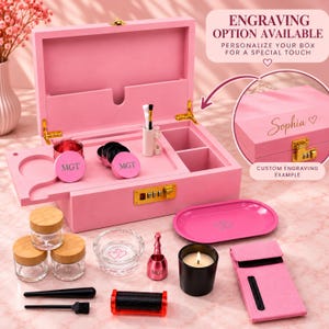 May include: A pink wooden storage box with a gold combination lock, featuring an open lid and internal compartments. Included are three glass jars with bamboo lids, a glass dish, a pink tray, a black candle, a pink pouch, and various tools.