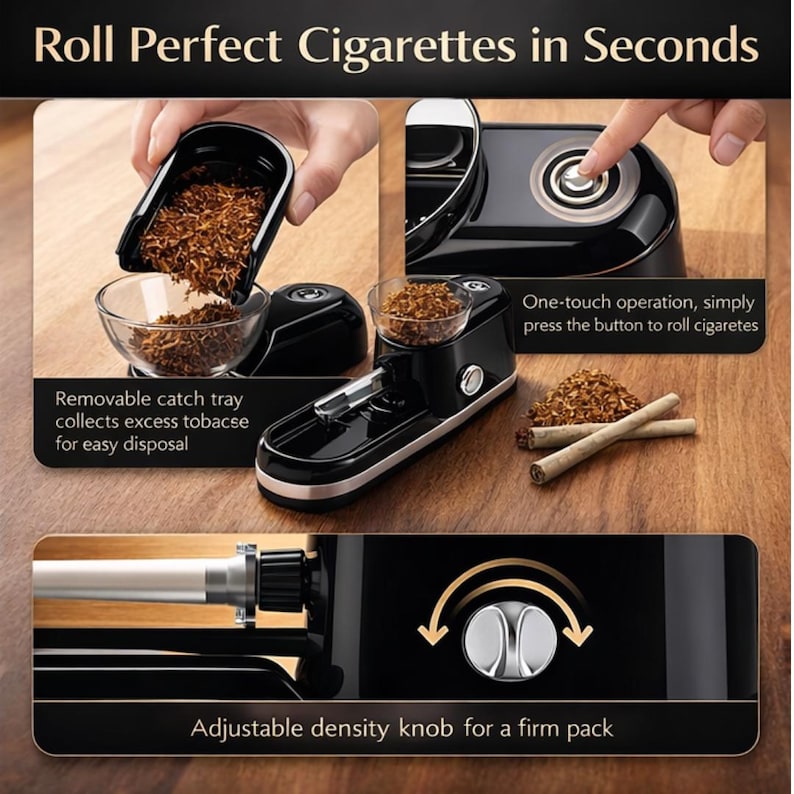 May include: A black and silver cigarette rolling machine with the text "Roll Perfect Cigarettes in Seconds." Features include a removable catch tray, one-touch operation, and an adjustable density knob. The image shows the machine in use with tobacco and rolled cigarettes.