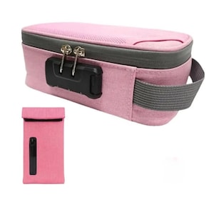 May include: A rectangular pink storage pouch featuring a dark gray zipper, a black combination lock mechanism, and a gray side handle. Below it, a smaller, vertical pink pouch is shown with a black rectangular accent on the front surface.