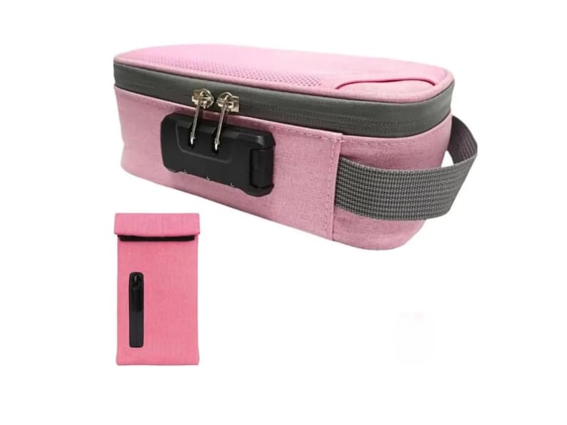 May include: A rectangular pink storage pouch featuring a dark gray zipper, a black combination lock mechanism, and a gray side handle. Below it, a smaller, vertical pink pouch is shown with a black rectangular accent on the front surface.