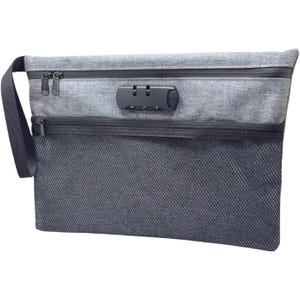 May include: A gray zippered pouch with a combination lock. The top section is a solid gray fabric, while the bottom is a dark gray mesh. A black strap is attached to the side. The pouch has two zippers and a combination lock.