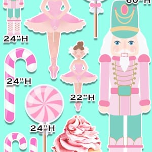 May include: A set of 10 printable cutouts featuring a nutcracker, ballerinas, candy canes, lollipops, and cupcakes. The cutouts are in pink, white, and green colors. The cutouts are perfect for a holiday party or a winter wonderland themed event. The cutouts are available in various sizes, ranging from 16 inches to 60 inches.