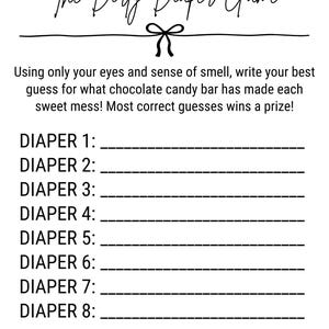 Może przedstawiać: Biała, drukowana karta do gry zatytułowana "The Dirty Diaper Game" z czarnym pismem. Instrukcje gry znajdują się pod tytułem, a następnie ponumerowane linie do odgadywania. Gra jest przeznaczona na baby shower.