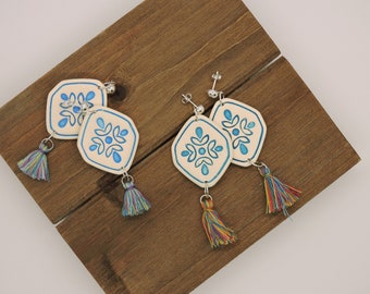 Fiesta tile polymer clay earrings with multicolor tassel