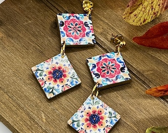Colorful tile earrings | polymer clay | lightweight