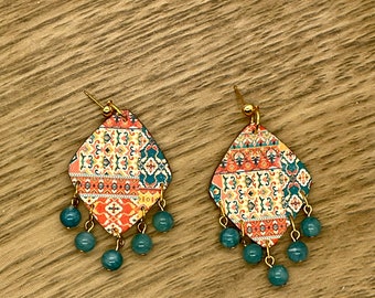 Boho quilted earrings with gemstone fringe