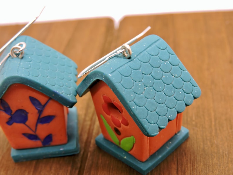 3-D Birdhouse Earrings Lightweight polymer clay image 2