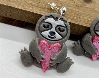 Clay Sloth valentine earrings with pink glitter heart