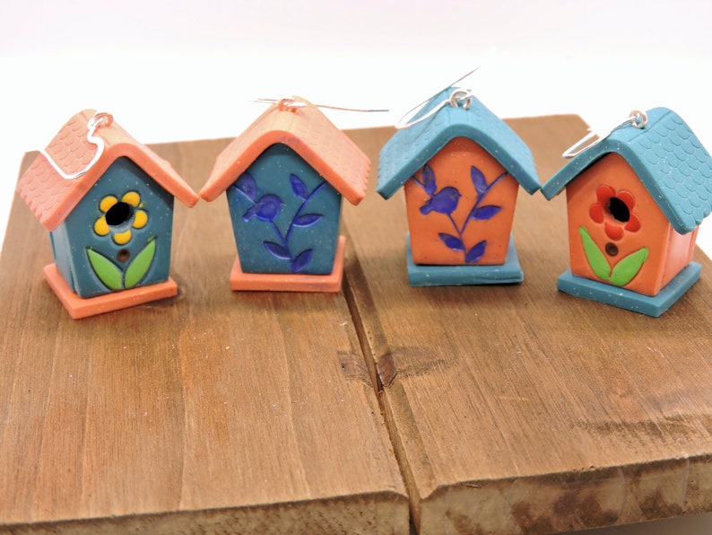 3-D Birdhouse Earrings Lightweight polymer clay image 1