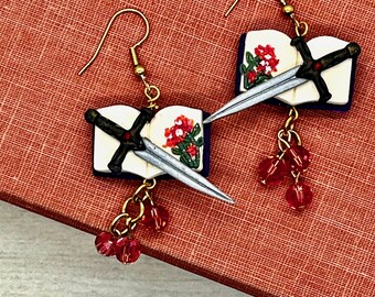 Sword and flowers open book earrings