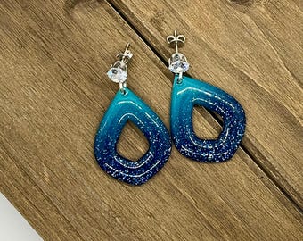 Blue glitter ombre teardrop earrings with silver crystal