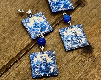 Blue and white faux pottery tile earrings