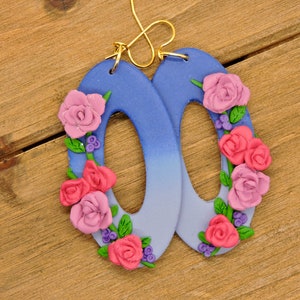 Blue and pink floral oval earrings | lightweight | polymer clay