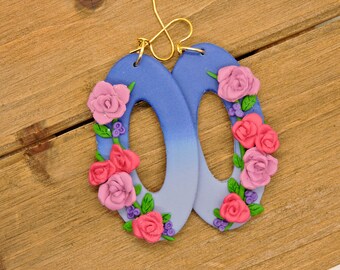 Blue and pink floral oval earrings | lightweight | polymer clay