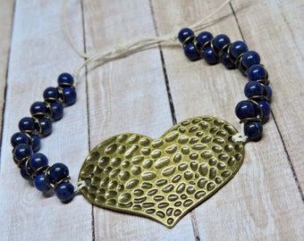 Brass heart bracelet with blue goldstone