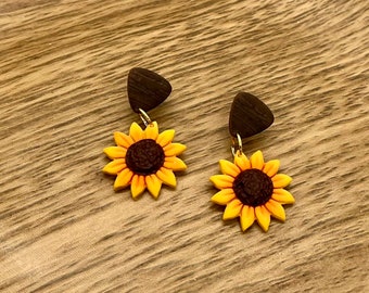 Sunflower dangle earrings lightweight polymer clay