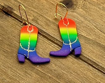 Rainbow or pink Cowgirl Boot earrings | polymer clay | lightweight