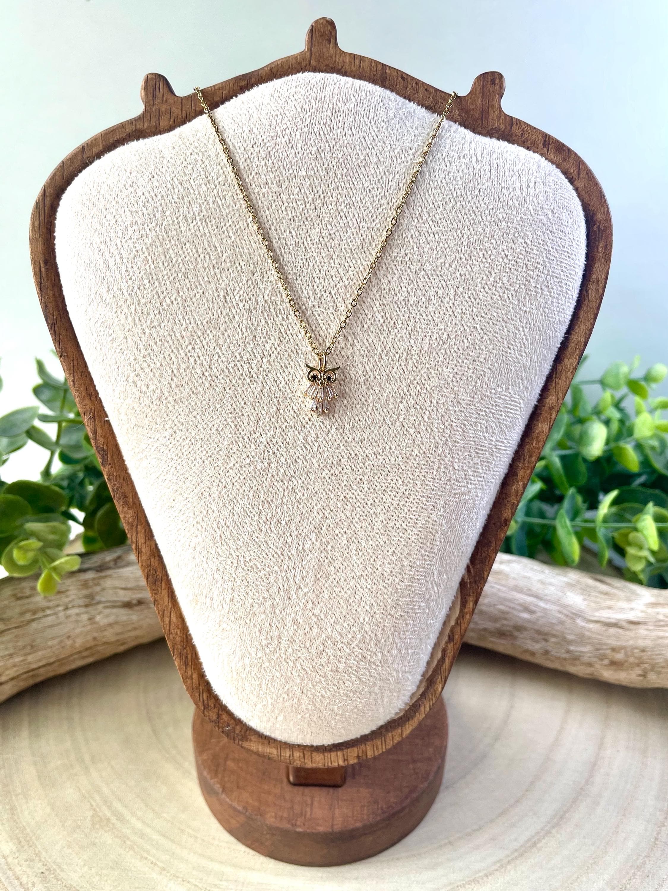 Dainty Owl Zirconia Necklace, Gold Plated, Stainless Steel, Hypoallergenic Statement Necklace