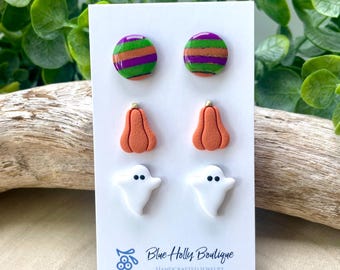 Halloween Polymer Clay Statement Stud Earrings, Pumpkin & Ghost, Lightweight Handmade Jewelry