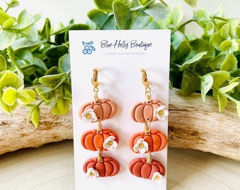 Floral Pumpkin Polymer Clay Danlge Earrings, Handmade Fall Halloween Jewelry