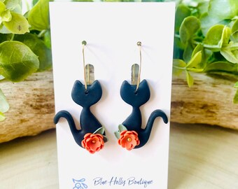 Black Cat Halloween Polymer Clay Dangle Earrings, Handmade Lightweight Earrings