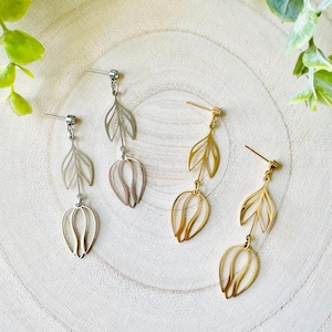 Tulip Flower Dangle Gold or Silver Earrings, Drop Earrings, Stainless Steel Tulip Flower Earrings, Zen Jewelry, Long Statement Earrings