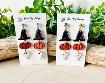 Halloween Polymer Clay Dangle Earrings, Ghost, Witch, Pumpkin, Lightweight Handmade Jewelry