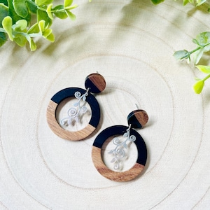 Walnut Wood and Black Resin Earrings: Stainless Steel Leaf Pendant