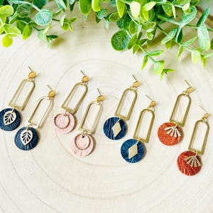 Embossed Leather Arch Earrings: Customizable Brass Accents