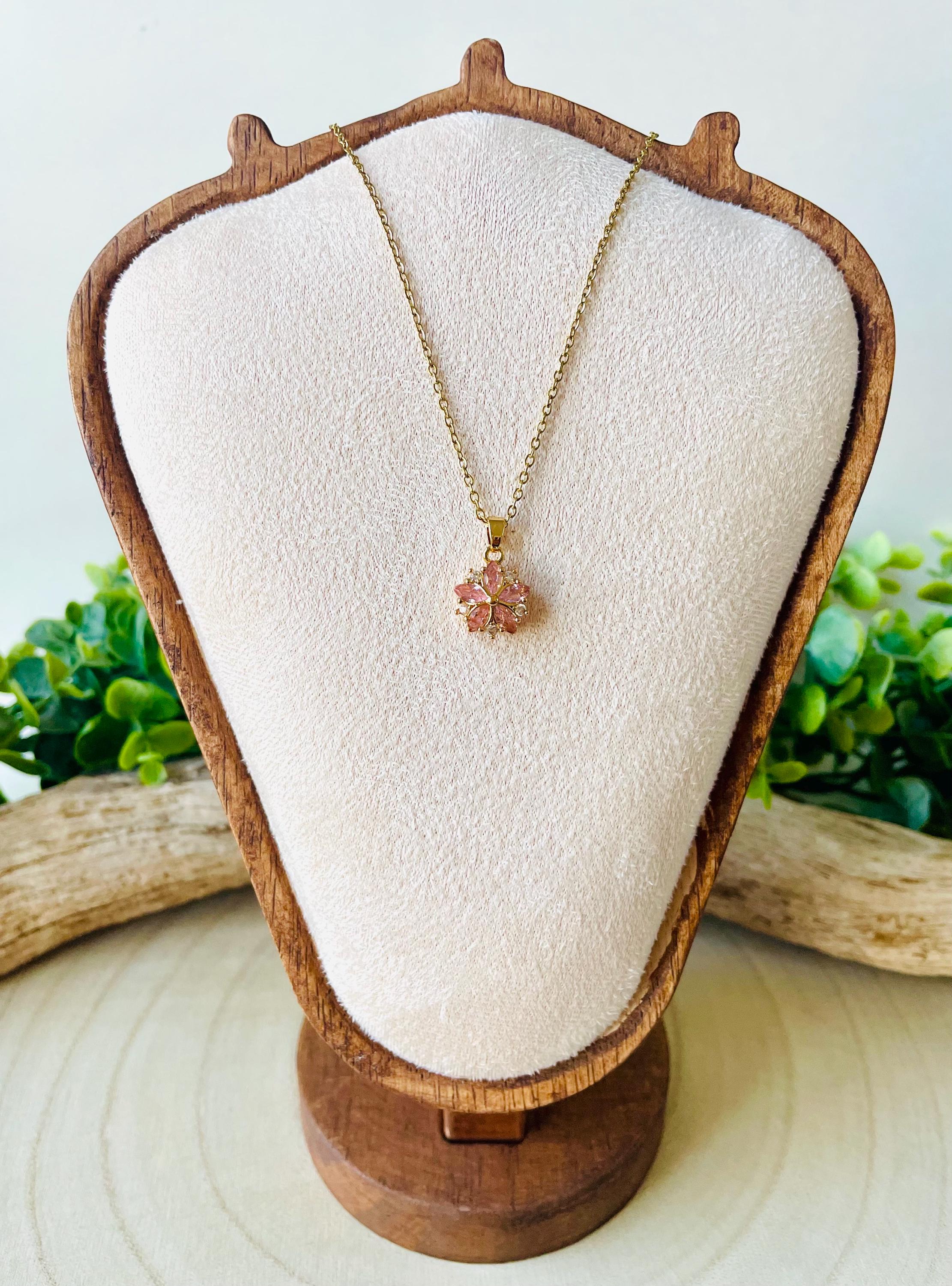Pink Daisy Zirconia Flower Pendant Necklace, Gold Stainless Steel