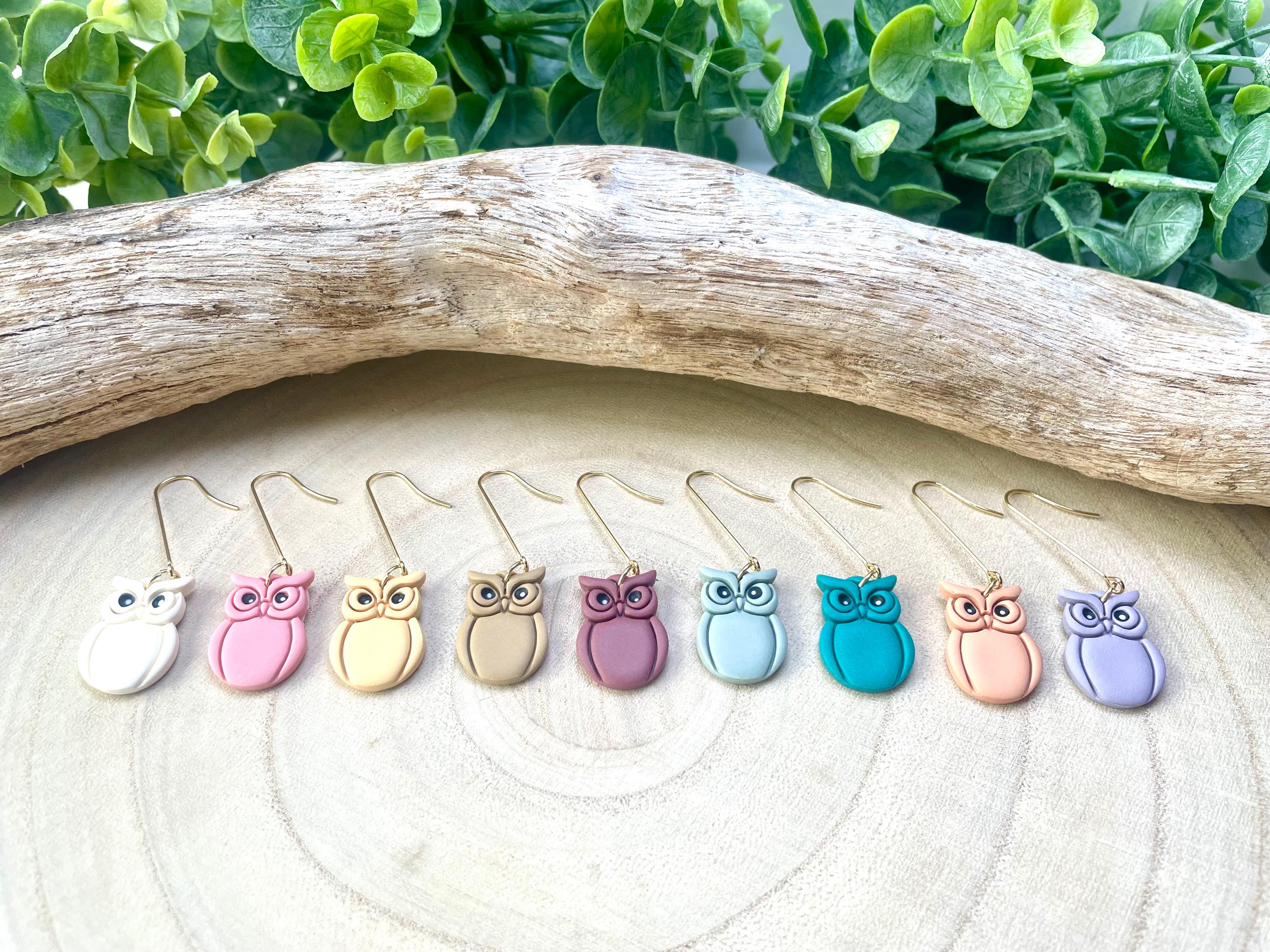 Owl Polymer Clay Dangle Earrings, 8 Color Options, Handmade Lightweight Jewelry