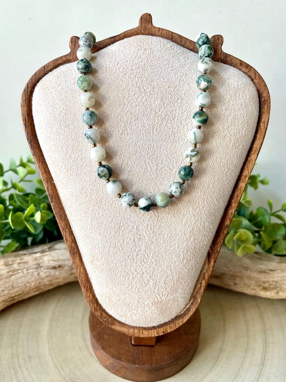 Green Tree Agate Natural Stone Beaded Necklace, Gold Accents, Stainless Steel Jewelry
