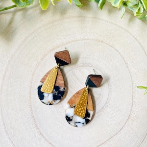 Walnut Wood and Resin Bar Earrings, Black & White Earrings, Gold Earrings, Wood Earrings, Resin Earrings, Dangle Earrings, Unique Earrings