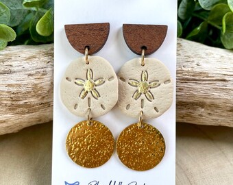 Beach Polymer Clay Dangle Earrings, Sand Dollar Tropical Jewelry, Handmade Lightweight Earrings