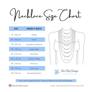 May include: A necklace size chart with measurements in inches and centimeters. The chart shows where necklaces of various lengths, from 14 inches (35.6 cm) to 36 inches (91.4 cm), will rest on the body. The chart includes the text "Necklace Size Chart".