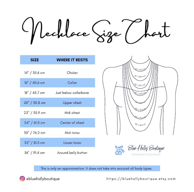 May include: A necklace size chart with measurements in inches and centimeters. The chart shows where necklaces of various lengths, from 14 inches (35.6 cm) to 36 inches (91.4 cm), will rest on the body. The chart includes the text "Necklace Size Chart".