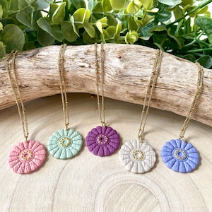 The SHELBY Polymer Clay Flower Pendant Necklace, Handmade Necklace, Gold Plated Chain