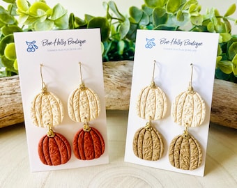 Embossed Pumpkin Polymer Clay Autumn Dangle Earrings, Handmade Fall Halloween Jewelry