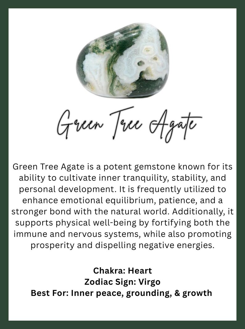May include: Green Tree Agate gemstone with green and white patterns. The image includes the text "Green Tree Agate" and information about its properties, including its association with the heart chakra and the zodiac sign Virgo.