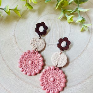 Boho Polymer Clay Earrings, Drop Earrings,  Handmade Earrings, Lightweight Earrings, Statement Earrings, Pink Flower Earrings, Gift for her