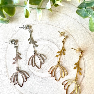 Lotus Flower Dangle Gold or Silver Earrings, Drop Earrings, Stainless Steel Lotus Flower Earrings, Zen Jewelry, Long Statement Earrings