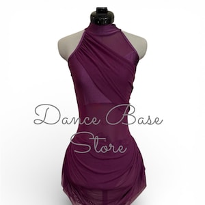 May include: A deep purple sleeveless dance dress featuring a high mock neck, a sheer mesh overlay with diagonal draping across the bodice, and a layered skirt. The text "Dance Base Store" is overlaid in white script across the center of the garment.