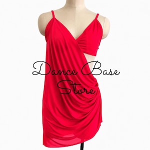 May include: A bright red sleeveless dress featuring a V-neckline, thin spaghetti straps, and a draped wrap-style skirt with gathered fabric detail. The text Dance Base Store is overlaid in black script across the center of the garment.