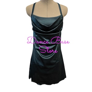 May include: A dark teal sleeveless dress featuring a cowl neckline and thin shoulder straps. The fabric has a subtle sheen and a smooth texture. The text "Dance Base Store" is printed in bright pink cursive letters across the center of the dress.