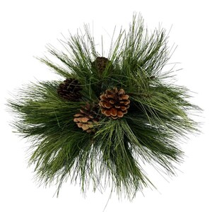 May include: A decorative arrangement of green pine needles and brown pine cones. The pine needles are long and slender, radiating outwards from the center. Three brown pine cones are nestled among the needles, adding texture and contrast. The arrangement is set against a white background.