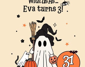 以下が含まれることがあります： ハロウィーンをテーマにした招待状。お化け、猫、カボチャ、コウモリ、星が描かれています。「Halloween With Us As... Eva turns 3!」と「10月31日」の文字。The Bowers Haunted Houseも記載されています。
