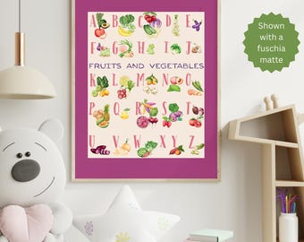 May include: A pink and white alphabet chart with illustrations of fruits and vegetables for each letter. The chart has the text "FRUITS AND VEGETABLES" at the top.