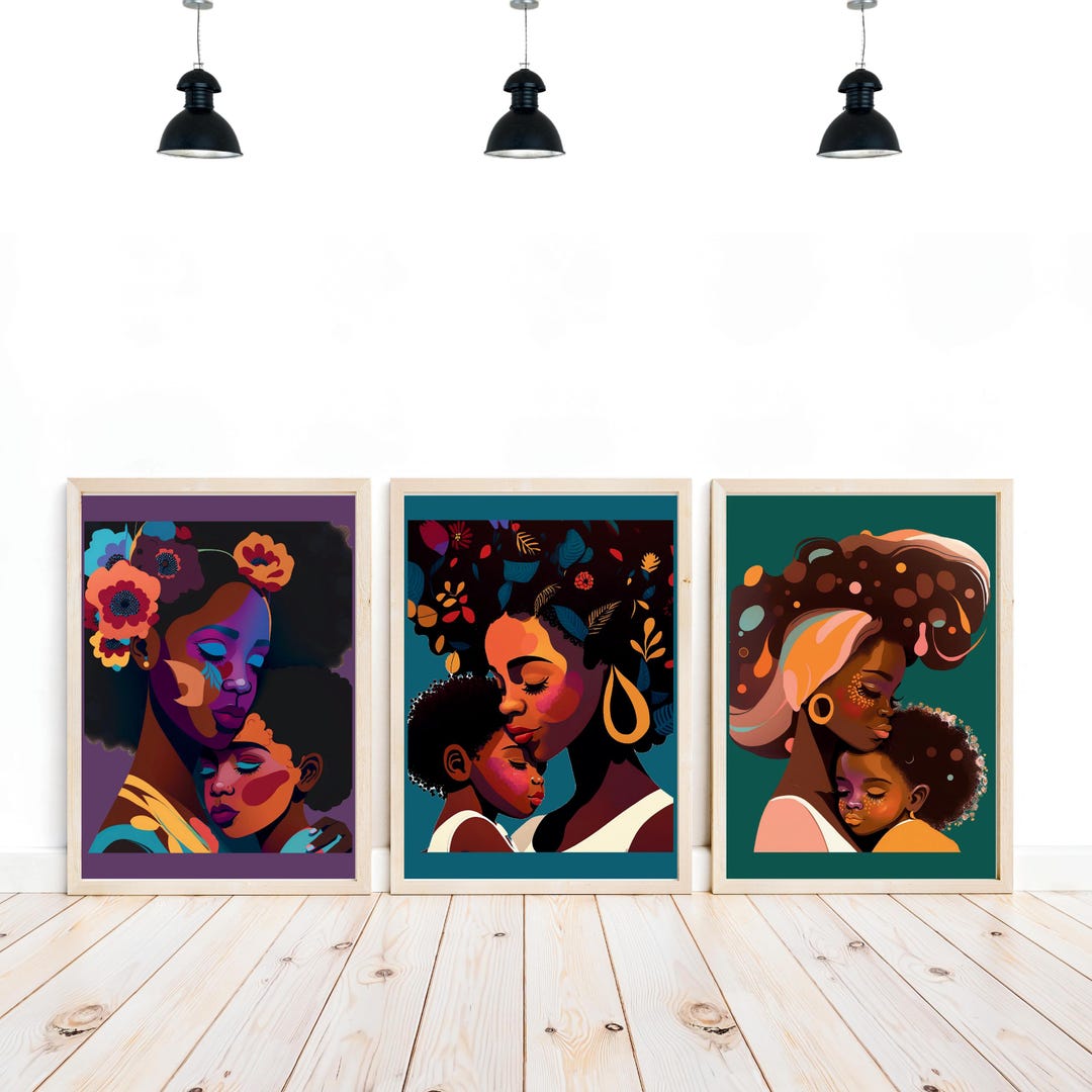 African American Mother and Child Wall Art Set of Three Vibrant Prints ...