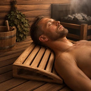 May include: A light brown wooden sauna headrest with a slatted design and a curved, wedge-shaped profile. The headrest is constructed from natural wood planks and features open sides, providing a stable support for the head while lying down.