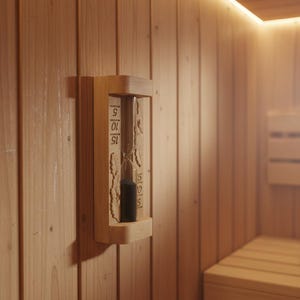 May include: A light-coloured wooden sauna hourglass mounted on a vertical cedar wall. The hourglass features a clear glass cylinder filled with black sand, flanked by carved wooden leaf motifs and numerical markings for 5, 10, and 15 minutes.